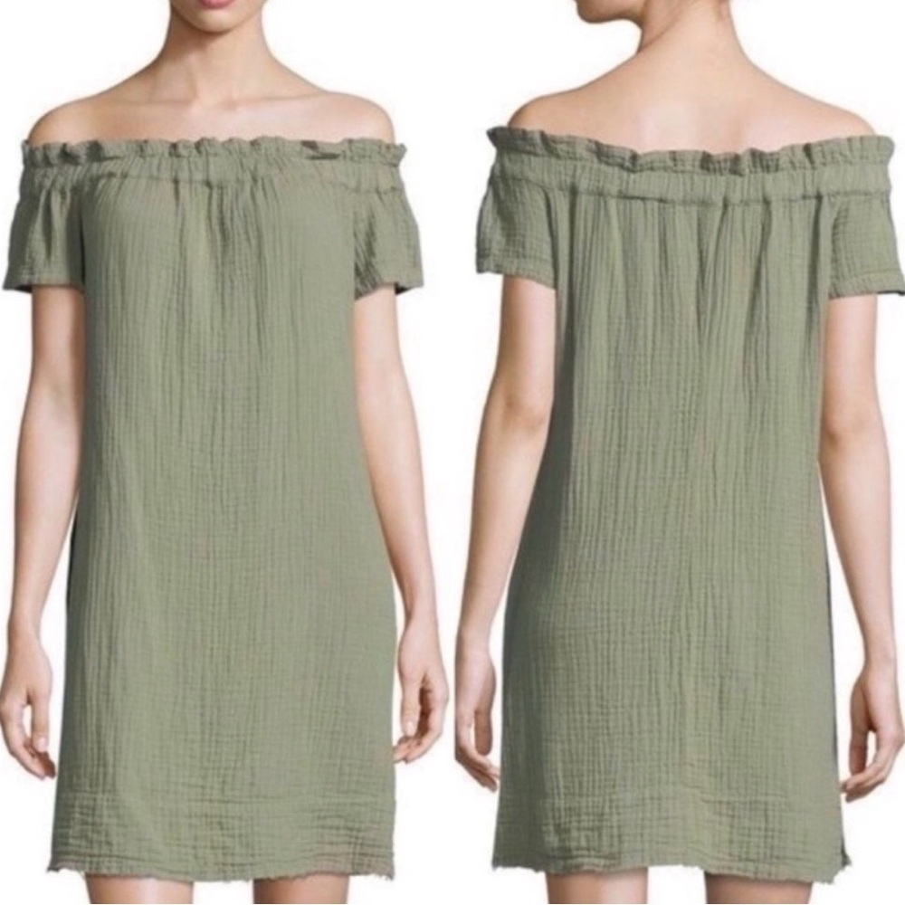 AMADI Olive Green Off Shoulder Gauze Dress L Boho Cottagecore Mini